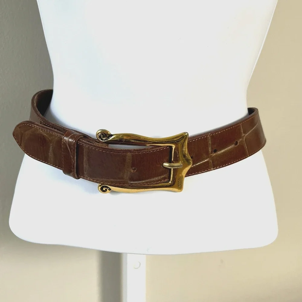 Vtg Linea Pelle Belt Croc Embossed Leather Brown/Gold Tone Buckle Italy M Boho